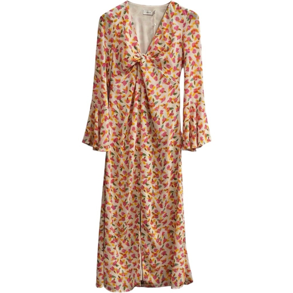 Vila Dress Womens US 4 Pink Floral Chiffon Maxi Bell Sleeve Romantic Cottagecore